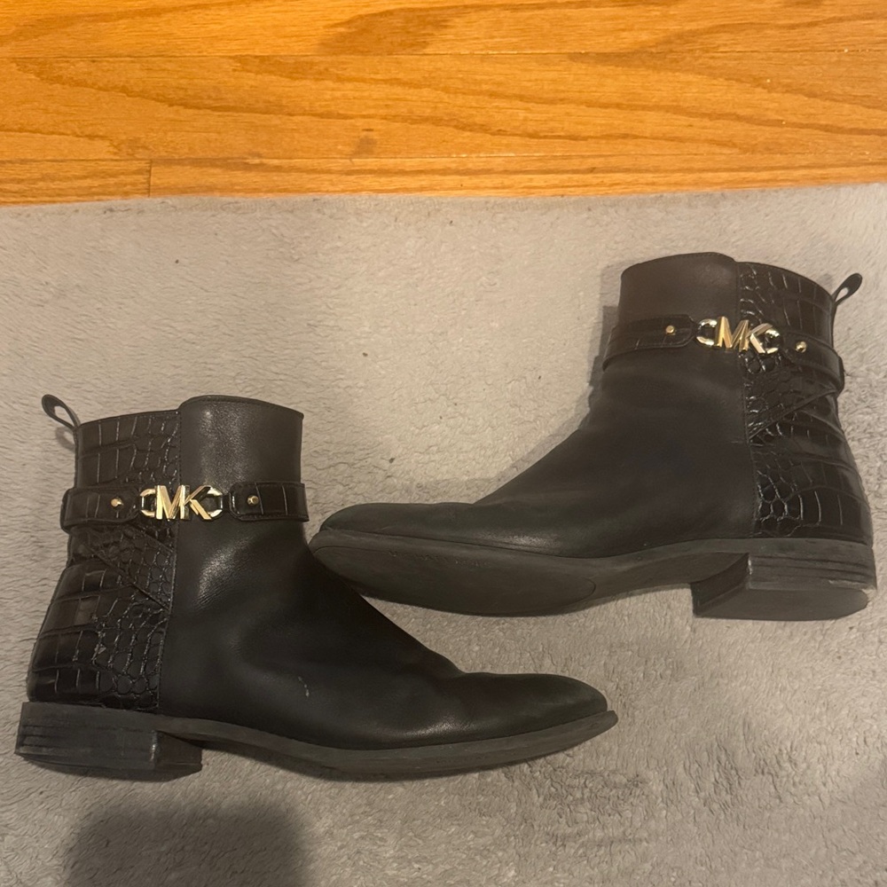 Black Leather Ankle Boots with Gold MK Logo